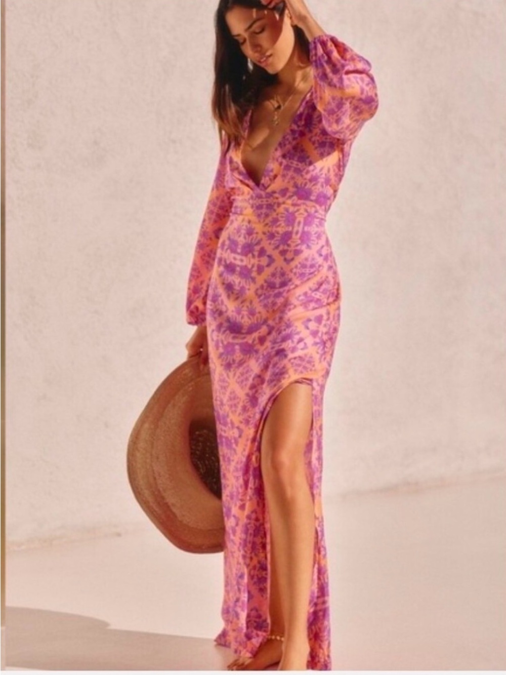 Luli Fama Pink & Orange Printed Long-Sleeve V-Neck Maxi Dress